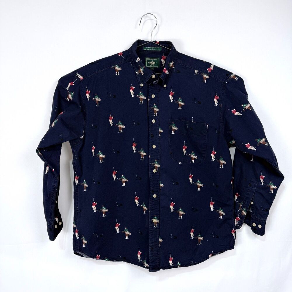 Vintage 1995 Dockers Golf Navy All Over Golfer Pattern L/S Button Down Mens M
